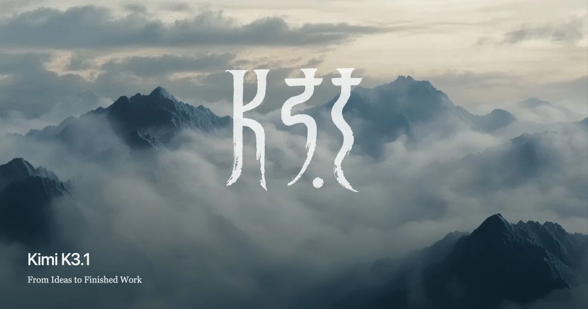 Moonshot AI's official launch card with Kimi K3.1 branding and the tagline From Ideas to Finished Work.